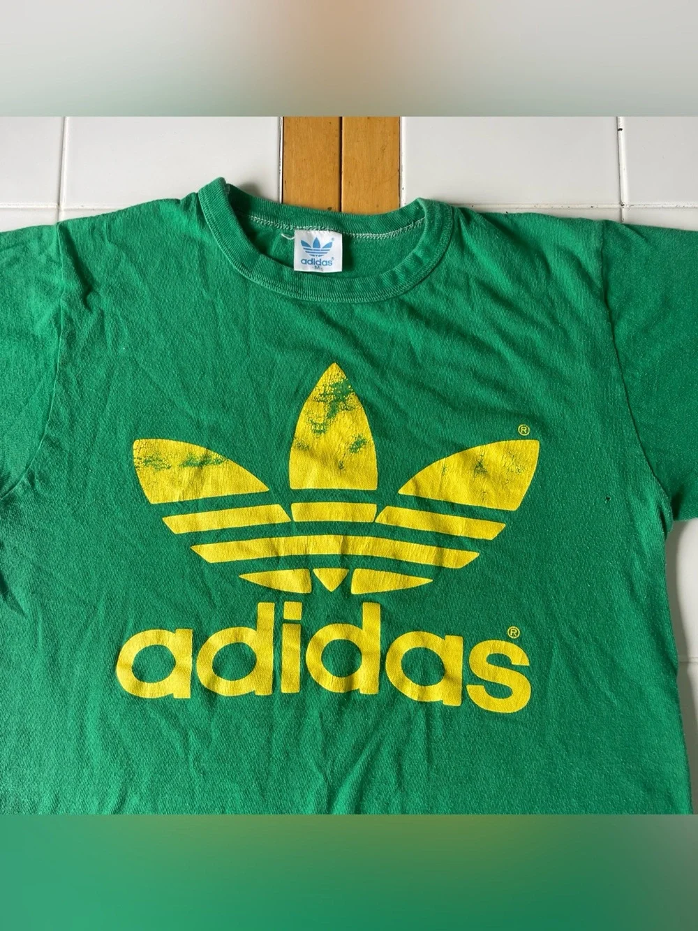 Vintage adidas t shirt s trefoil logo double sided 80s single stitch green retro